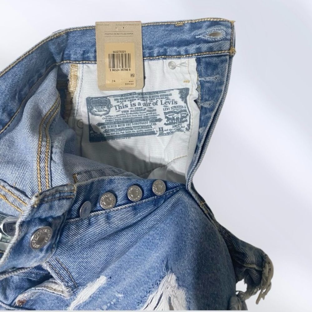 LEVI’S Shorts NWT 501 High Rise Ripped Button Fly In Quiet Riot Blue Size 24 - Picture 7 of 10
